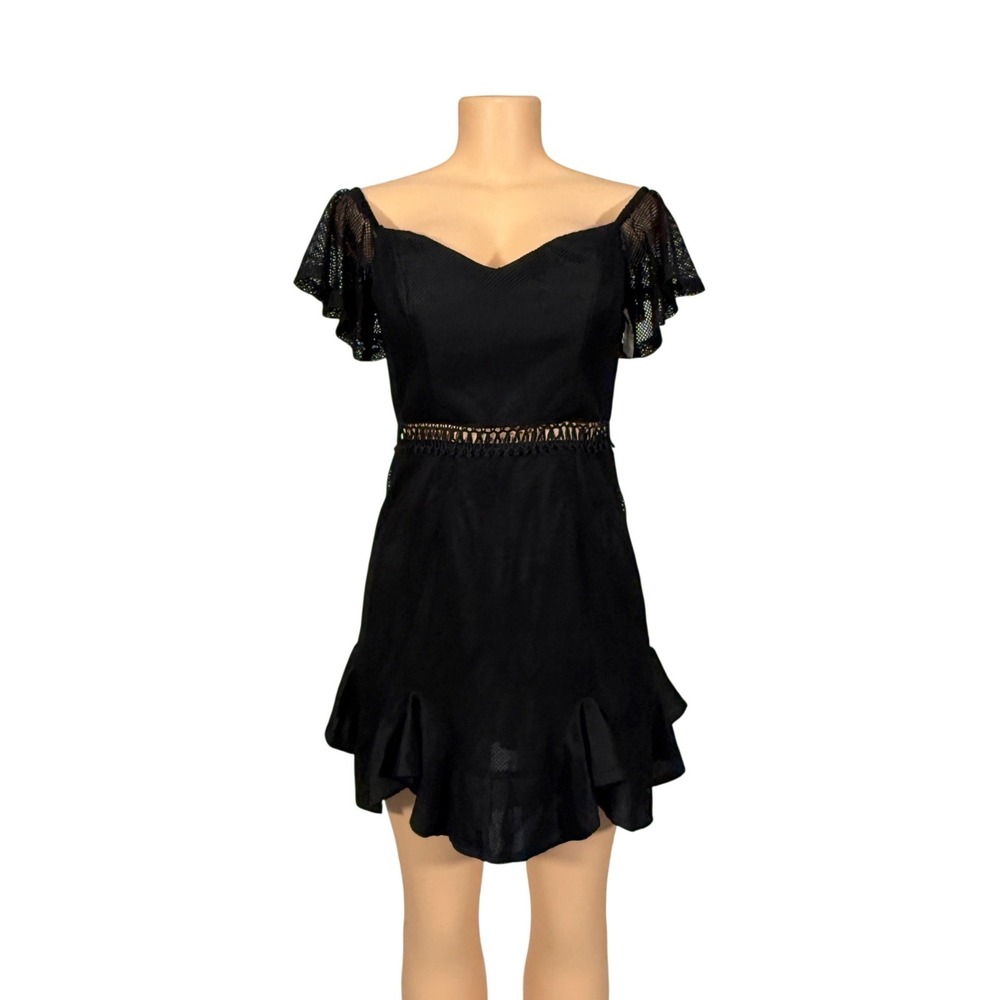 Angel Biba‎ Black Mesh Off Shoulder Ruffle Mini Dress Sweetheart Crochet Trim M